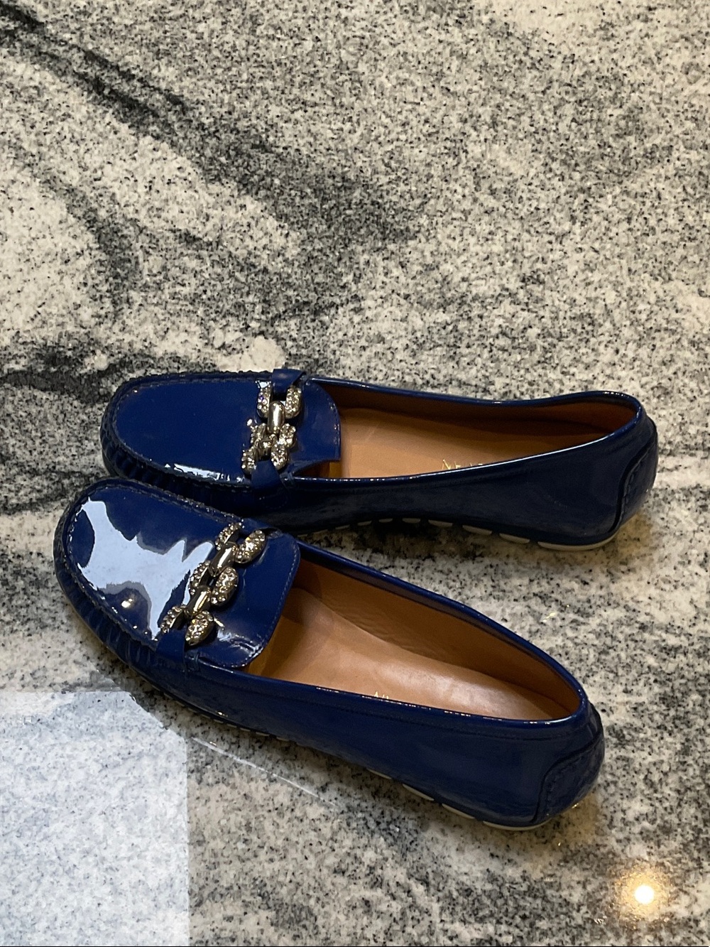 Stuart Weitzman Shiny Navy Patent Leather Loafers with Chain Trim